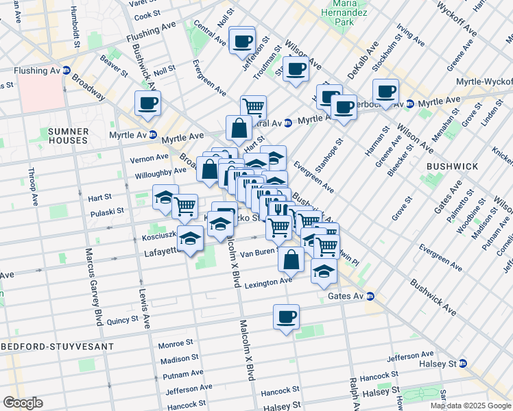 map of restaurants, bars, coffee shops, grocery stores, and more near 1132 Broadway in Brooklyn