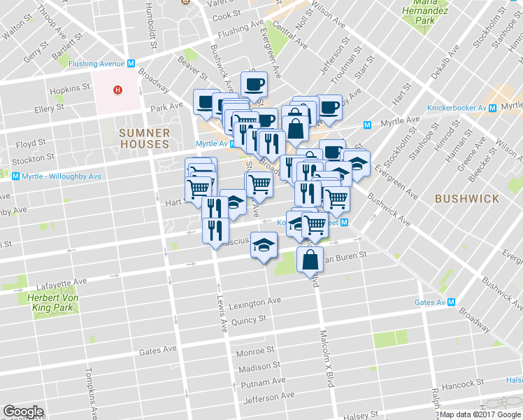 map of restaurants, bars, coffee shops, grocery stores, and more near 1035A Dekalb Avenue in Brooklyn