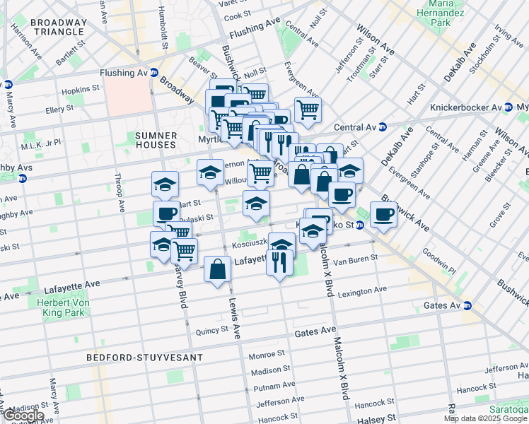 map of restaurants, bars, coffee shops, grocery stores, and more near 997 Dekalb Avenue in Brooklyn