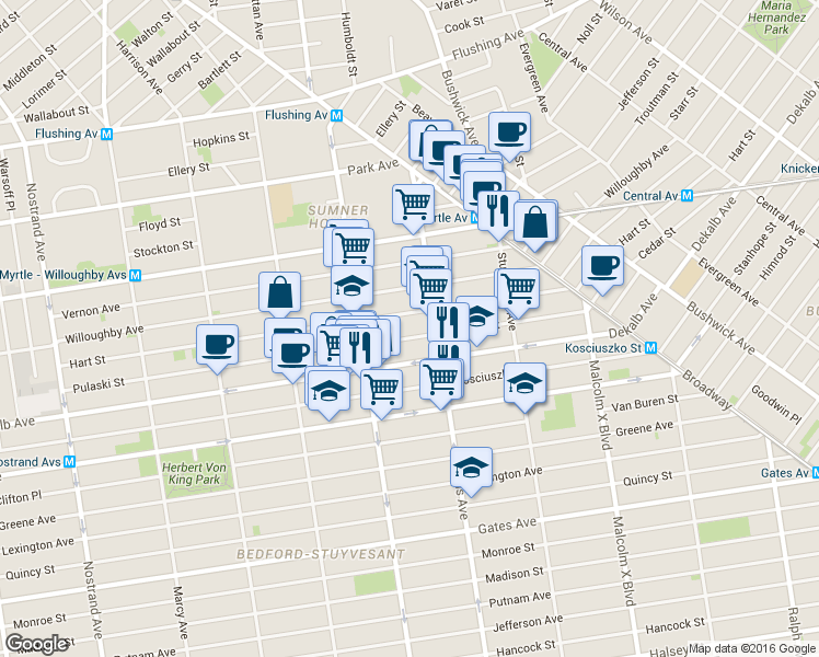 map of restaurants, bars, coffee shops, grocery stores, and more near 953 Dekalb Avenue in Brooklyn