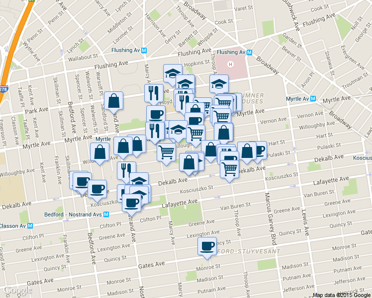 map of restaurants, bars, coffee shops, grocery stores, and more near 111 Hart Street in Brooklyn
