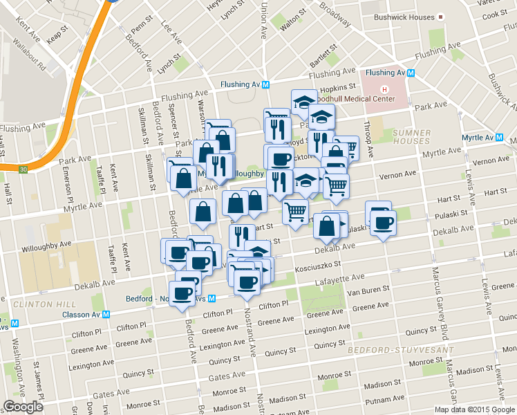 map of restaurants, bars, coffee shops, grocery stores, and more near 492 Willoughby Avenue in Brooklyn