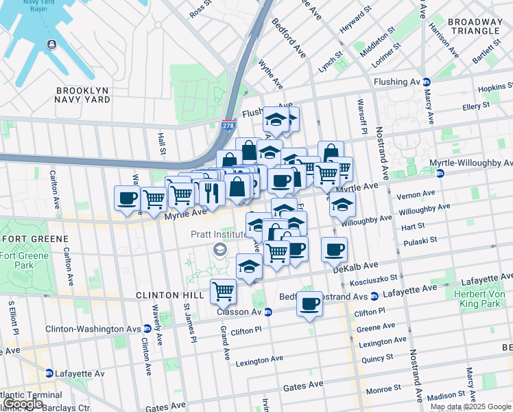 map of restaurants, bars, coffee shops, grocery stores, and more near 176 Taaffe Place in Brooklyn