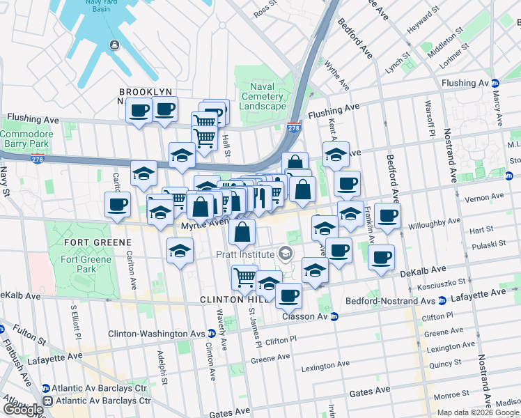 map of restaurants, bars, coffee shops, grocery stores, and more near 502 Myrtle Avenue in Brooklyn