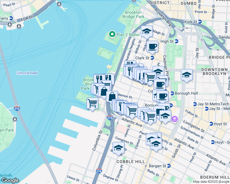 map of restaurants, bars, coffee shops, grocery stores, and more near 44 Joralemon Street in Brooklyn