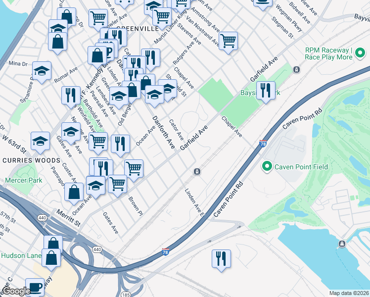 map of restaurants, bars, coffee shops, grocery stores, and more near 7 Cator Avenue in Jersey City