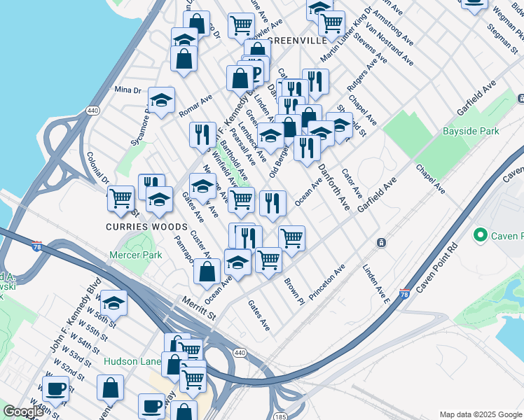 map of restaurants, bars, coffee shops, grocery stores, and more near 11 Bartholdi Avenue in Jersey City