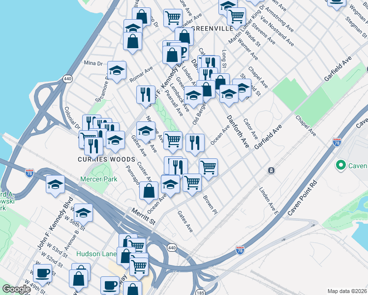 map of restaurants, bars, coffee shops, grocery stores, and more near 124 Old Bergen Road in Jersey City