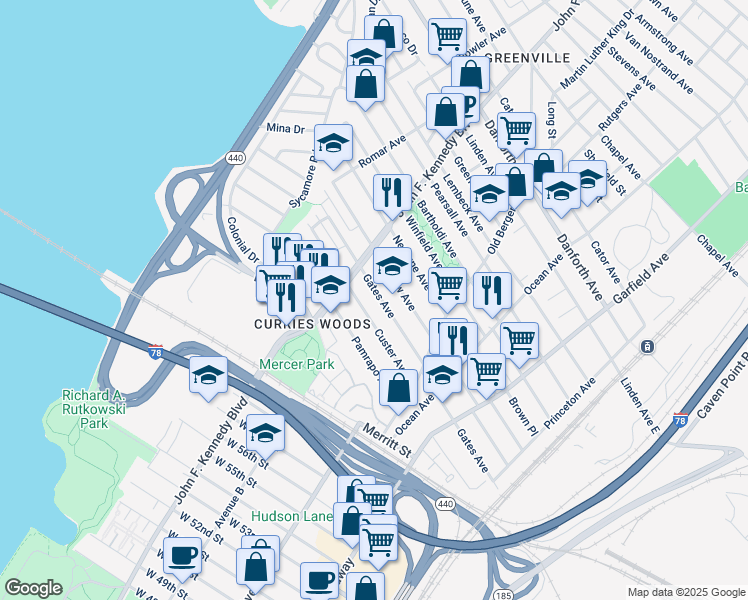 map of restaurants, bars, coffee shops, grocery stores, and more near 181 Gates Avenue in Jersey City
