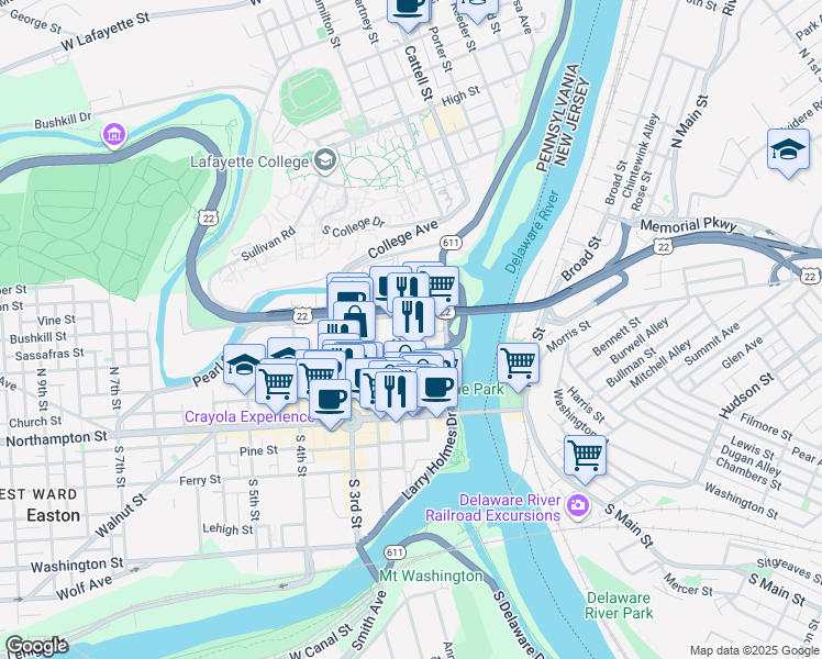 map of restaurants, bars, coffee shops, grocery stores, and more near 107 North 2nd Street in Easton