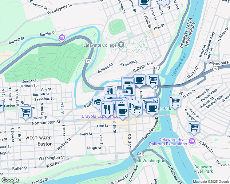 map of restaurants, bars, coffee shops, grocery stores, and more near 106 North 4th Street in Easton