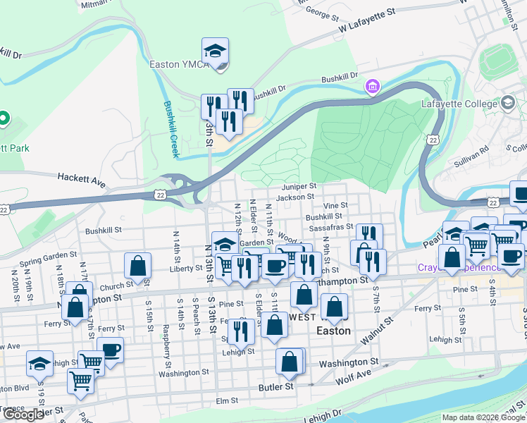 map of restaurants, bars, coffee shops, grocery stores, and more near 300 North 11th Street in Easton