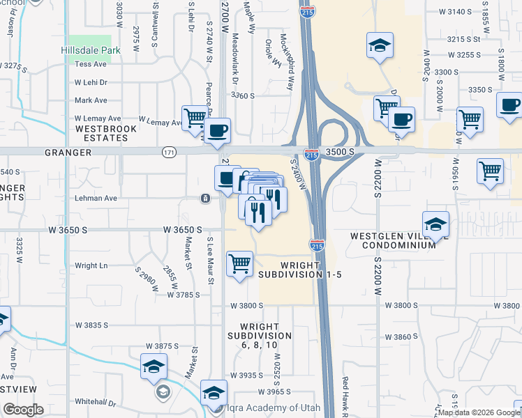 map of restaurants, bars, coffee shops, grocery stores, and more near 3601 Constitution Boulevard in Salt Lake City