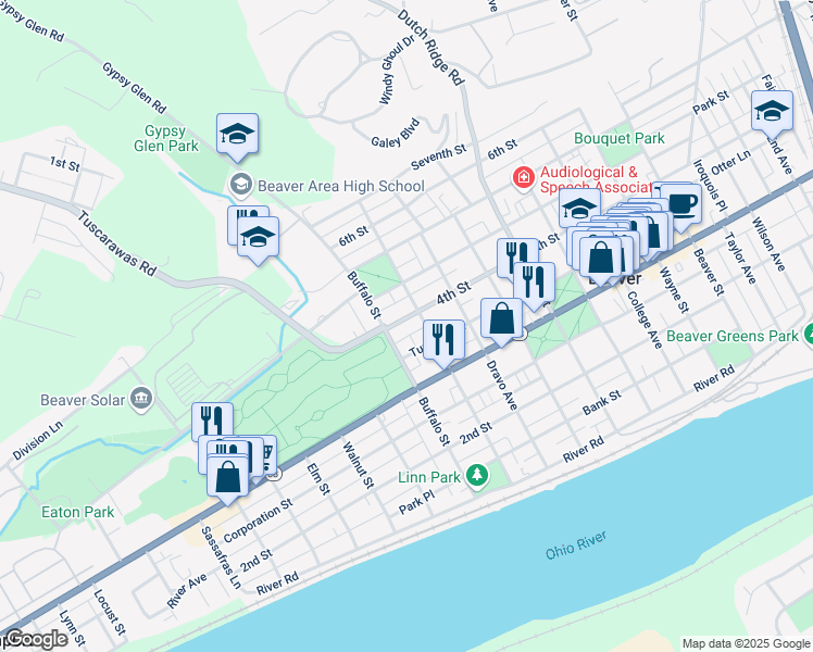 map of restaurants, bars, coffee shops, grocery stores, and more near 1123 4th Street in Beaver