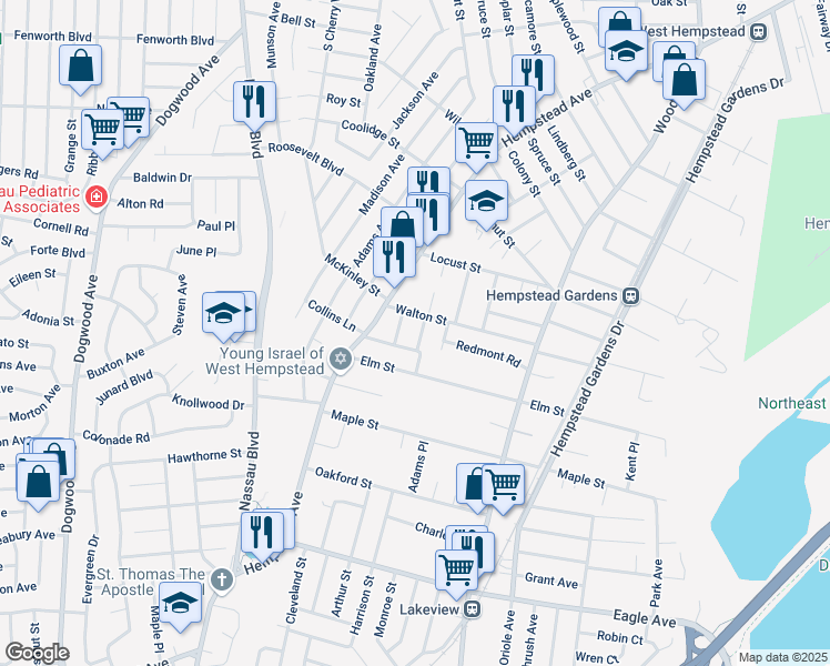 map of restaurants, bars, coffee shops, grocery stores, and more near 239 Windsor Lane in West Hempstead