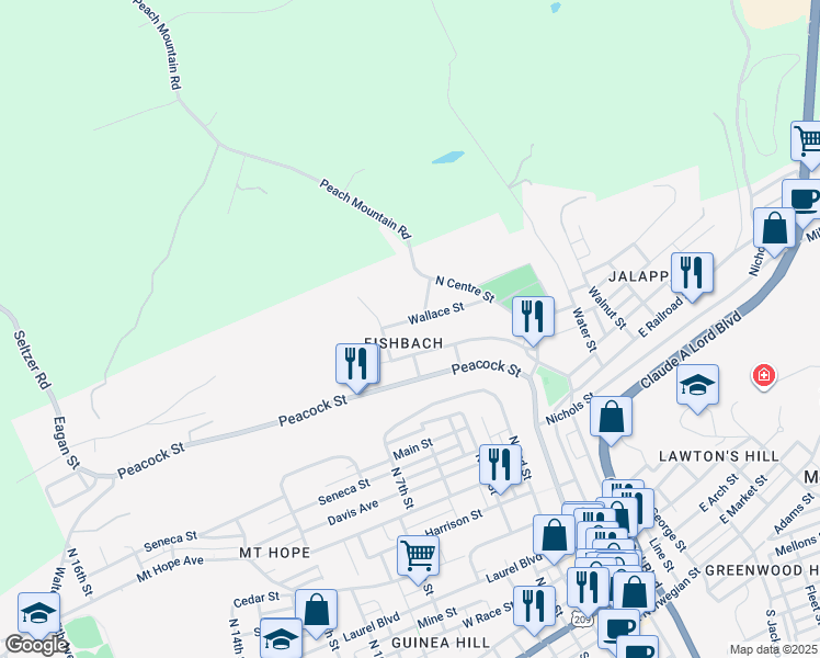 map of restaurants, bars, coffee shops, grocery stores, and more near 265 Wallace Street in Pottsville