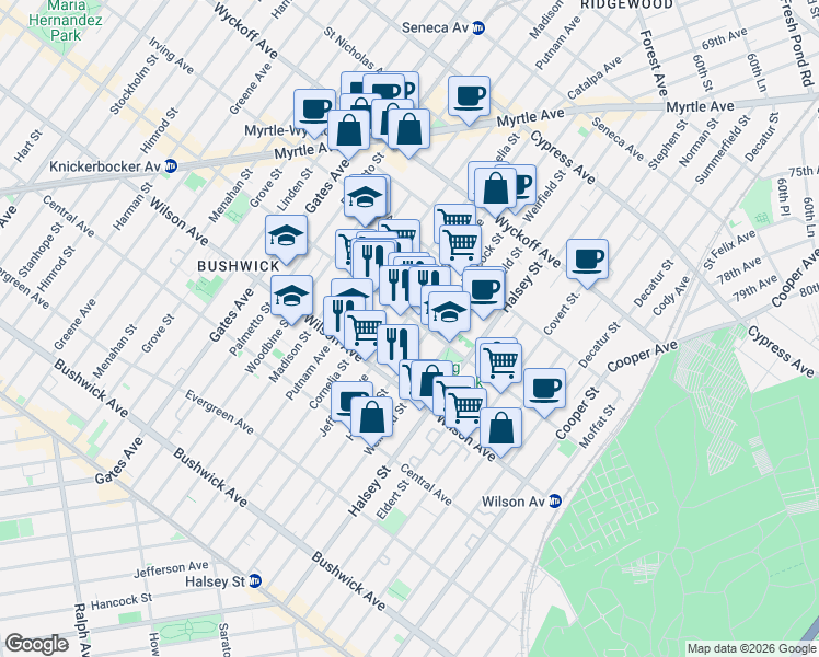 map of restaurants, bars, coffee shops, grocery stores, and more near 1360 Jefferson Avenue in Brooklyn