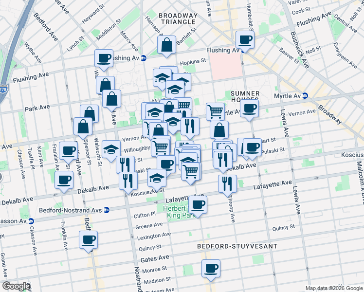 map of restaurants, bars, coffee shops, grocery stores, and more near 568 Willoughby Avenue in Brooklyn