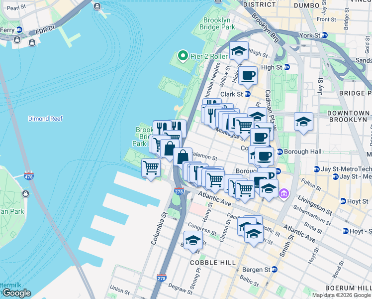 map of restaurants, bars, coffee shops, grocery stores, and more near 31 Joralemon Street in Brooklyn