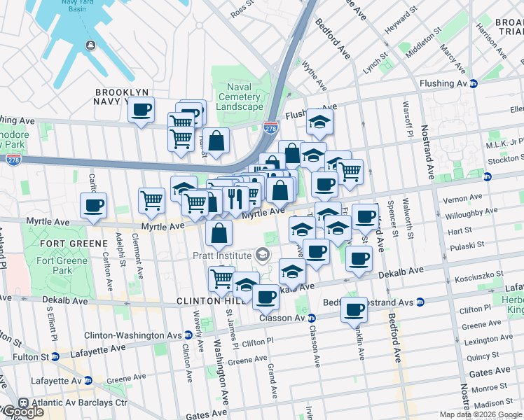 map of restaurants, bars, coffee shops, grocery stores, and more near 536 Myrtle Avenue in Brooklyn