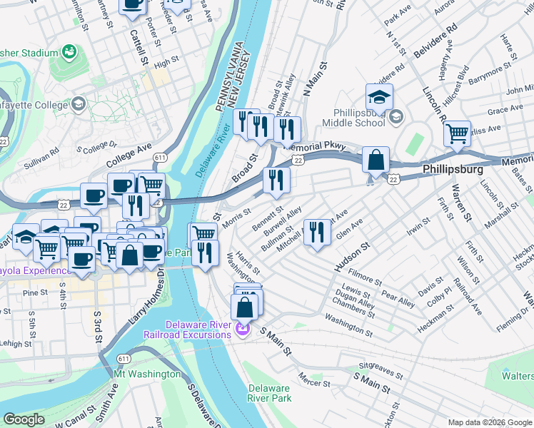 map of restaurants, bars, coffee shops, grocery stores, and more near 35A Bennett Street in Phillipsburg