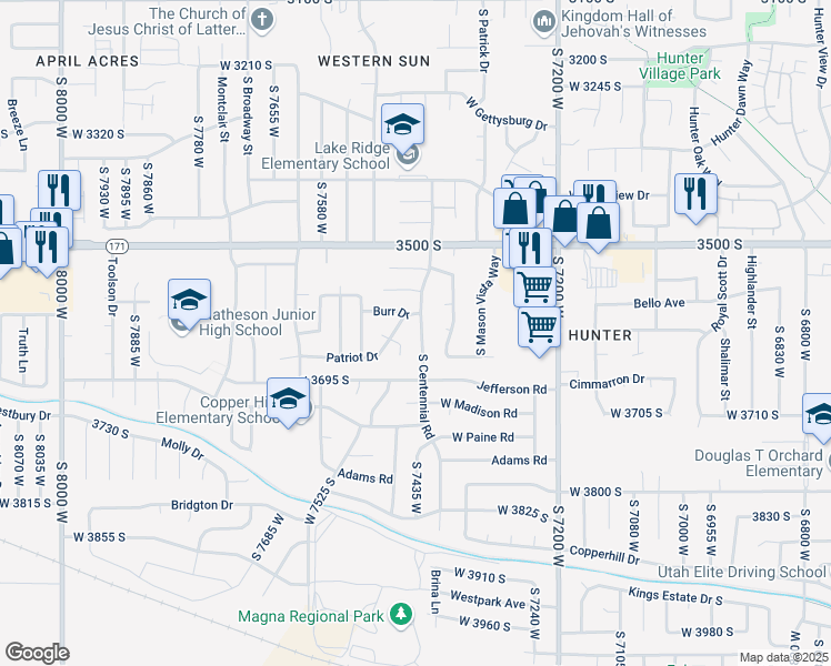 map of restaurants, bars, coffee shops, grocery stores, and more near 3610 South Centennial Road in Magna