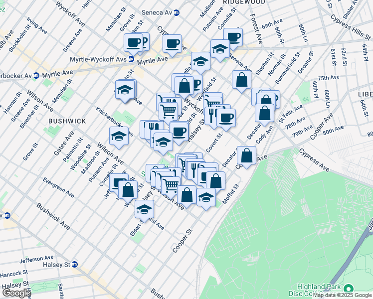 map of restaurants, bars, coffee shops, grocery stores, and more near 327 Eldert Street in Brooklyn