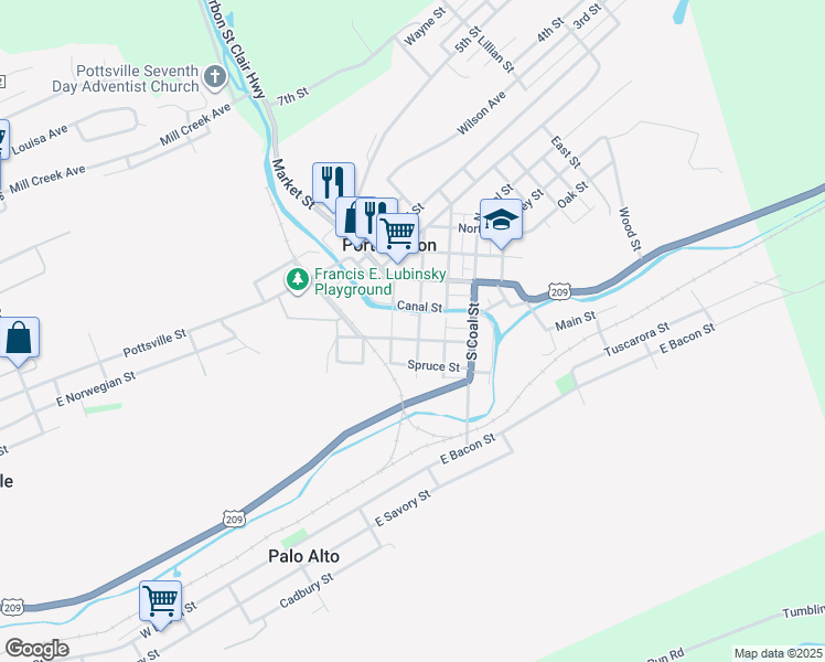 map of restaurants, bars, coffee shops, grocery stores, and more near 200 Jackson Street in Port Carbon
