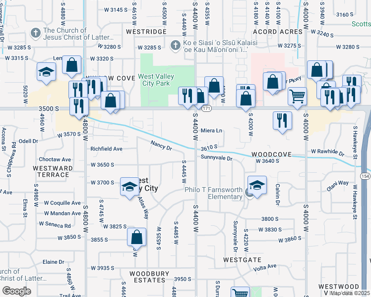 map of restaurants, bars, coffee shops, grocery stores, and more near 4453 Nancy Drive in West Valley City