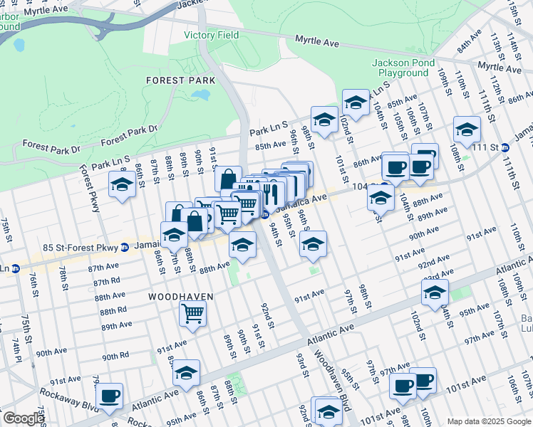 map of restaurants, bars, coffee shops, grocery stores, and more near 153 Jamaica Avenue in Queens