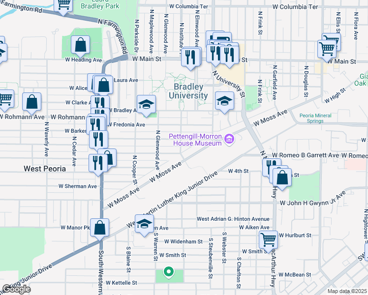 map of restaurants, bars, coffee shops, grocery stores, and more near 1421 West Moss Avenue in Peoria