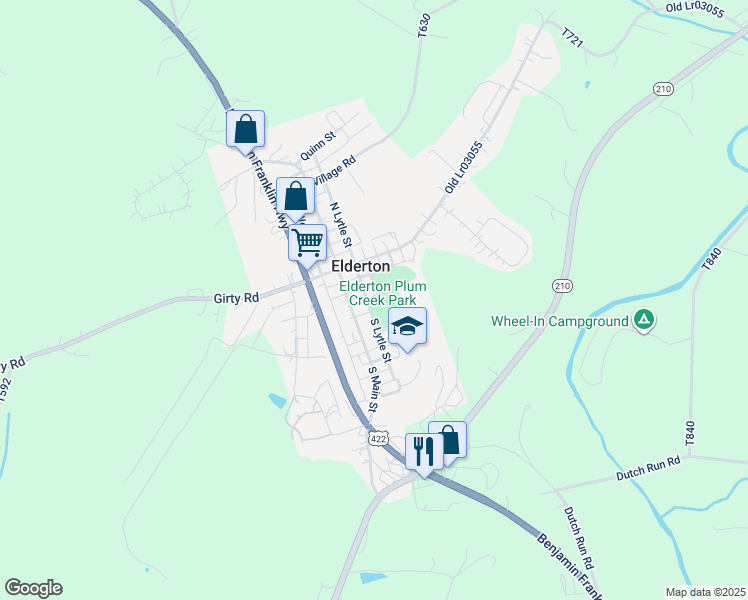 map of restaurants, bars, coffee shops, grocery stores, and more near 239 South Lytle Street in Elderton
