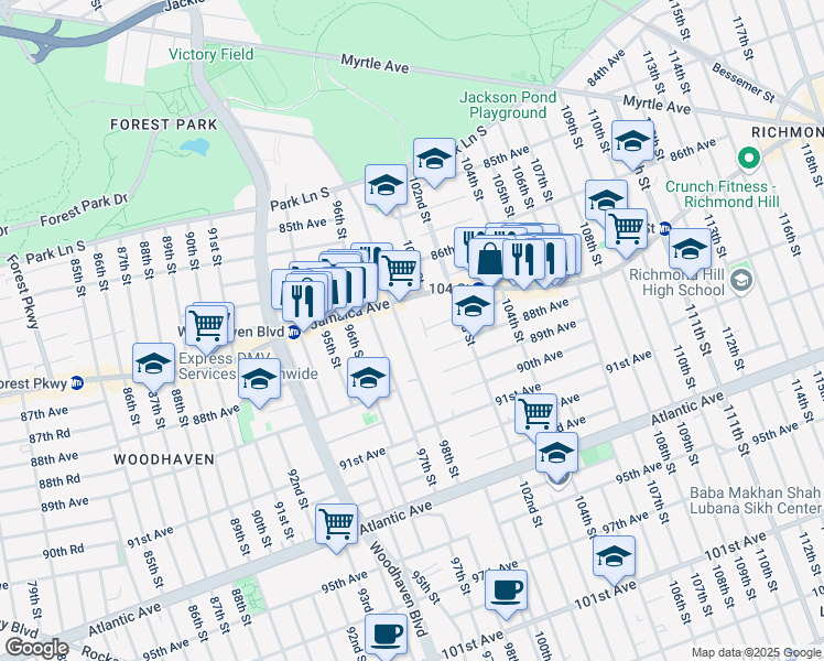 map of restaurants, bars, coffee shops, grocery stores, and more near 87-31 98th Street in Queens