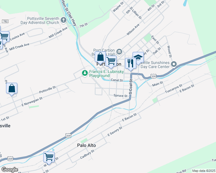 map of restaurants, bars, coffee shops, grocery stores, and more near 222 Jackson Street in Port Carbon