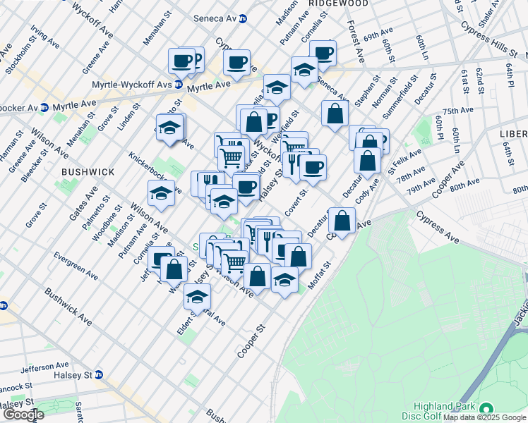 map of restaurants, bars, coffee shops, grocery stores, and more near 345 Eldert Street in Brooklyn