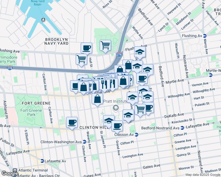 map of restaurants, bars, coffee shops, grocery stores, and more near 536 Myrtle Avenue in Brooklyn