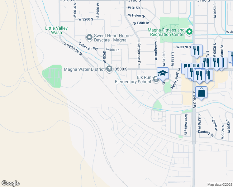 map of restaurants, bars, coffee shops, grocery stores, and more near 3602 Blazing Oak Drive in Magna