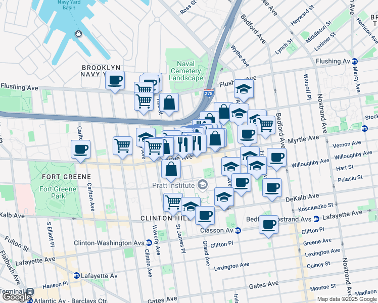 map of restaurants, bars, coffee shops, grocery stores, and more near 192 Grand Ave in Brooklyn