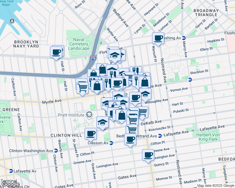 map of restaurants, bars, coffee shops, grocery stores, and more near in Brooklyn