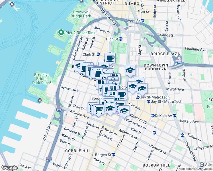 map of restaurants, bars, coffee shops, grocery stores, and more near 180 Montague Street in Brooklyn