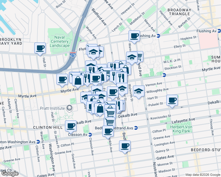 map of restaurants, bars, coffee shops, grocery stores, and more near Skillman Street in Brooklyn