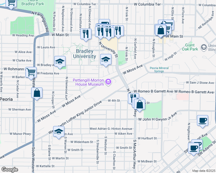map of restaurants, bars, coffee shops, grocery stores, and more near 1212 West Moss Avenue in Peoria