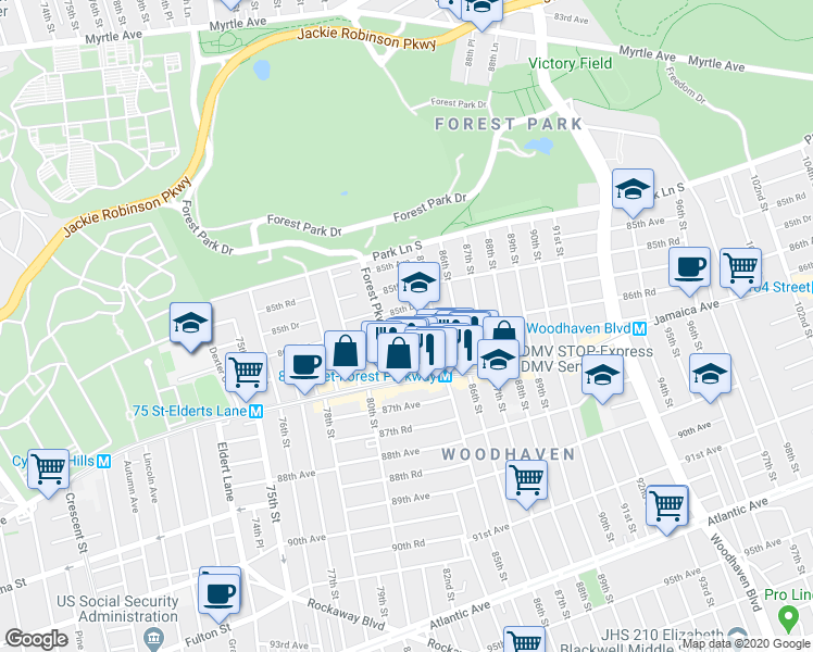 map of restaurants, bars, coffee shops, grocery stores, and more near 84-21 86th Avenue in Queens