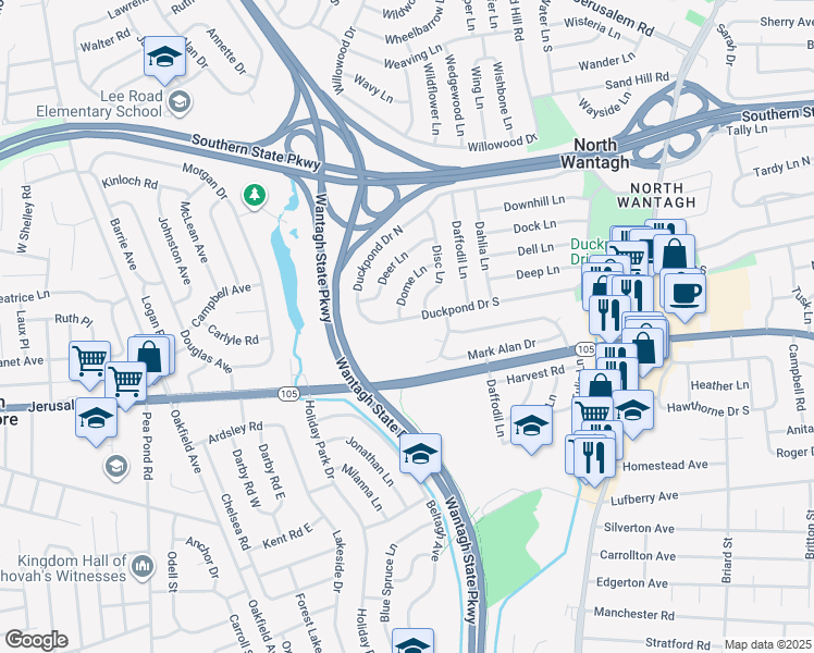 map of restaurants, bars, coffee shops, grocery stores, and more near 15 Stanford Court in Wantagh