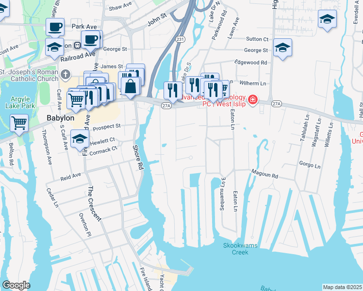 map of restaurants, bars, coffee shops, grocery stores, and more near 75 Deforest Avenue in West Islip