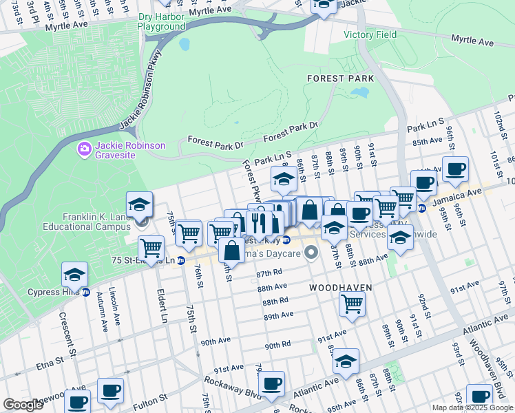 map of restaurants, bars, coffee shops, grocery stores, and more near 86-2 Forest Parkway in Queens