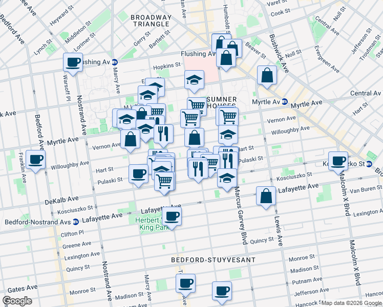 map of restaurants, bars, coffee shops, grocery stores, and more near 192 Hart Street in Brooklyn