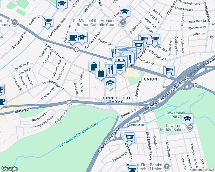map of restaurants, bars, coffee shops, grocery stores, and more near 901 Stuyvesant Avenue in Union