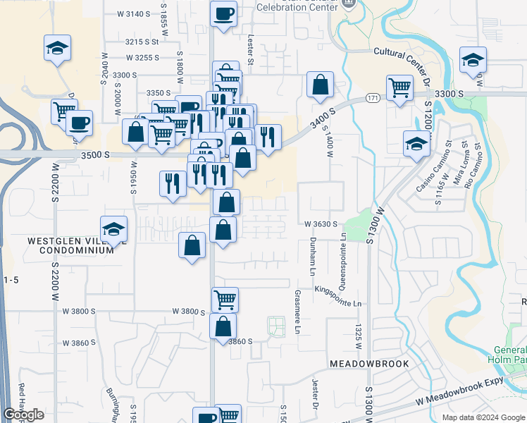 map of restaurants, bars, coffee shops, grocery stores, and more near 1577 Kinloch Way in West Valley City