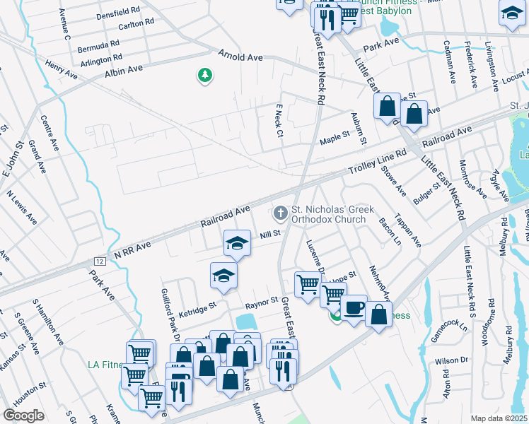 map of restaurants, bars, coffee shops, grocery stores, and more near 200 Great East Neck Road in West Babylon